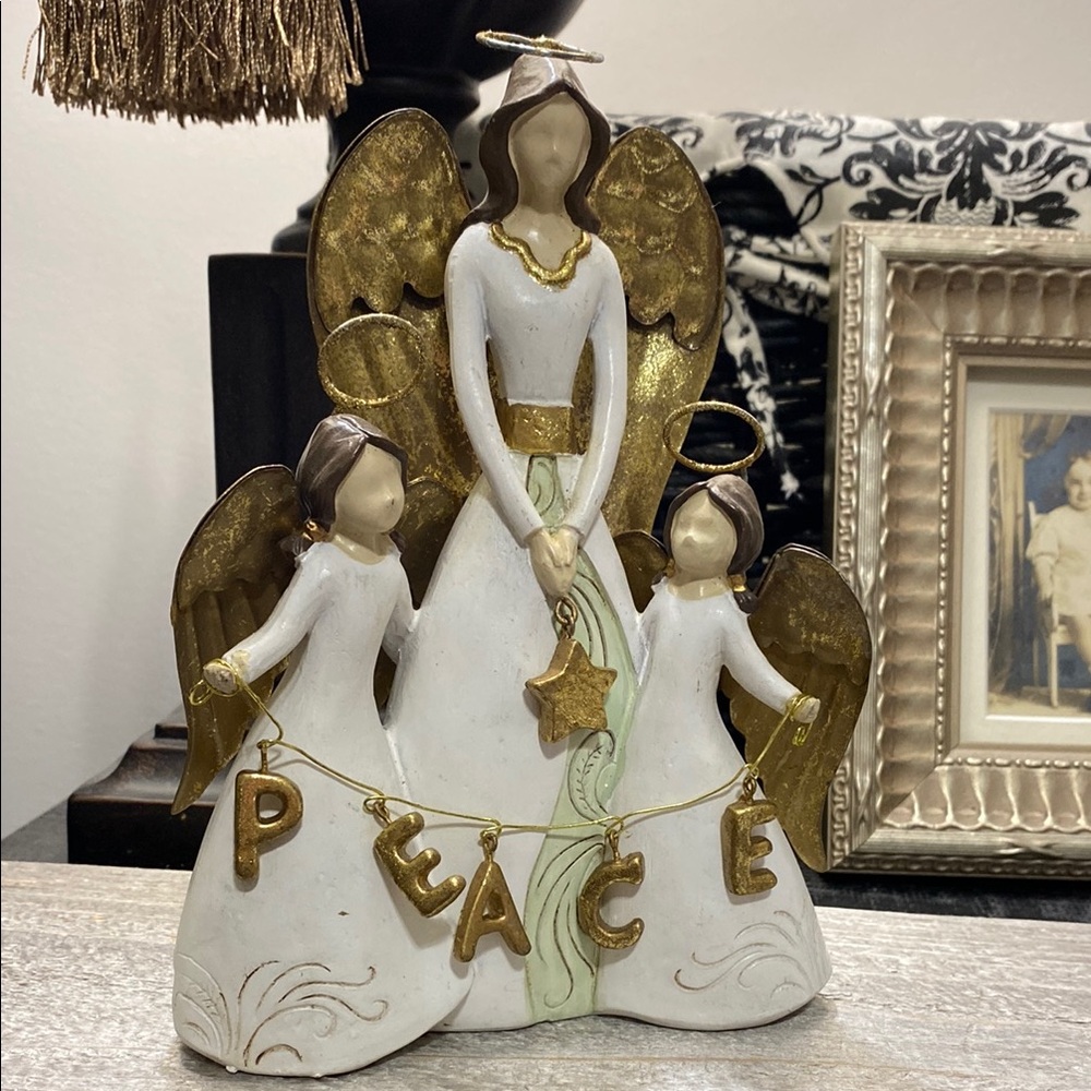 St. Nicholas Square “Peace” Angel Trio Christmas Figurine With Gold Tone Details